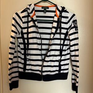 Ralph Lauren Black and White Striped Zip Hoodie with Orange Trim